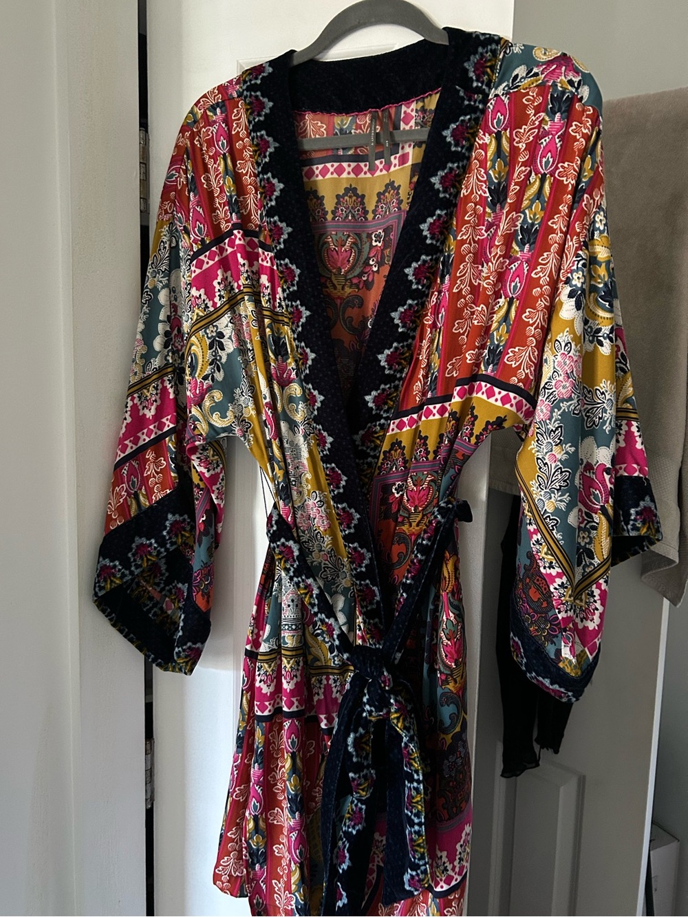 Anthropologie mini velvet trim paisley robe